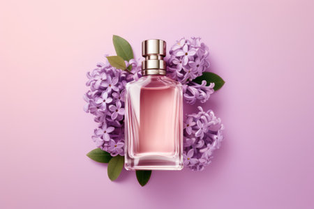Glass perfume bottle with lilac flowers on a lilac background. AI generated.の素材