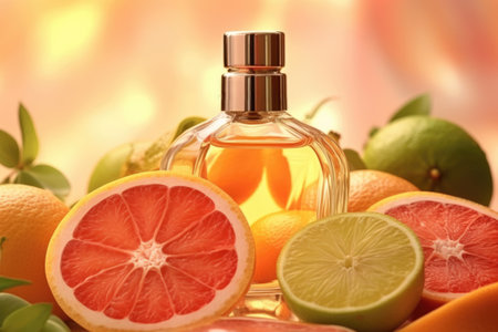 perfume bottle on citrus background. AI generated.の素材