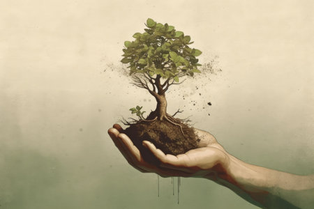 illustration of tree sprout in hand. AI generated.の素材