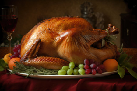 Roasted turkey on rustic table decorated with pumpkins, baked vegetables, pie, flowers and candles. AI generated.の素材