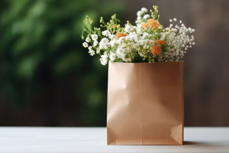 bouquet of flowers in paper shopping bag, eco marketing concept, space for text. AI generated.の素材