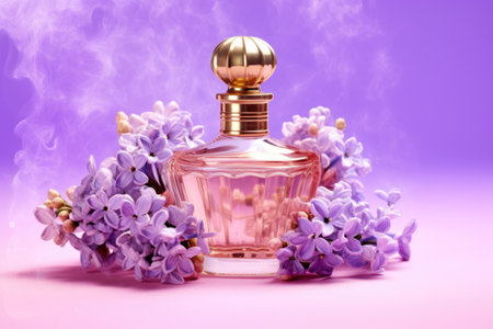 Glass perfume bottle with lilac flowers on a lilac background. AI generated.の素材