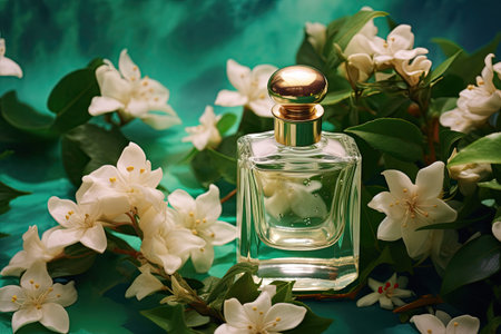 Floral perfume with jasmine flower scent. Glass bottle, scent spray bottle with fragrance. AI generative.の素材
