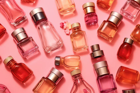 Various luxury perfume bottles on a pink background, top view. AI generative.の素材