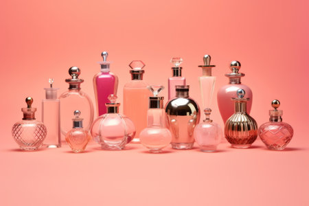 perfume bottles. a lot of transparent multi-colored glass bottles of cosmetics on a pink background. AI generative.の素材