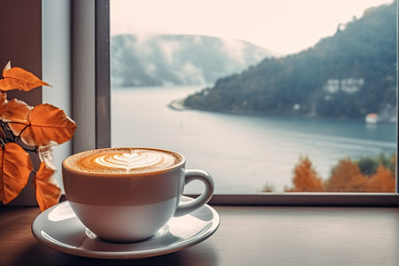 a hot mug of coffee overlooking the autumn landscape outside the window. AI generative.の素材