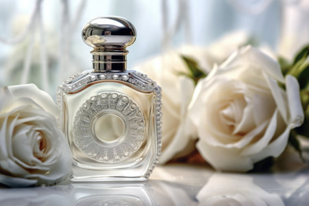 bottle of perfume on a background of white roses. AI generative.の素材