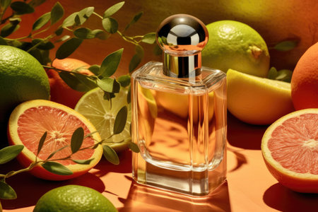 perfume bottle on citrus background. AI generated.の素材