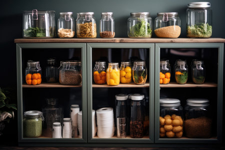 Kitchen with an organized and stylish pantry with glass jerry cans and metal containers. AI generative.の素材