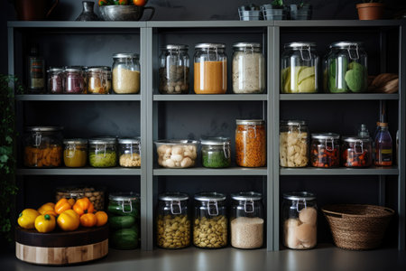 Kitchen with an organized and stylish pantry with glass jerry cans and metal containers. AI generative.の素材