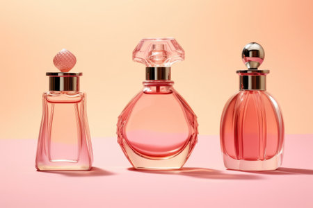 perfume bottles. a lot of transparent multi-colored glass bottles of cosmetics on a pink background. AI generative.の素材