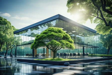 Modern environmentally friendly building. Sustainable glass office with wood to reduce carbon footprint. Office surrounded by greenery. Corporate buildings reduce CO2 emissions. AI generative.の素材