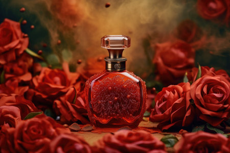 bottle of perfume on a background of red roses. AI generated.の素材