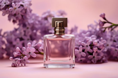 Glass perfume bottle with lilac flowers on a lilac background. AI generated.の素材