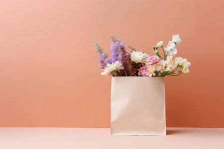 bouquet of flowers in paper shopping bag, eco marketing concept, space for text. AI generative.の素材