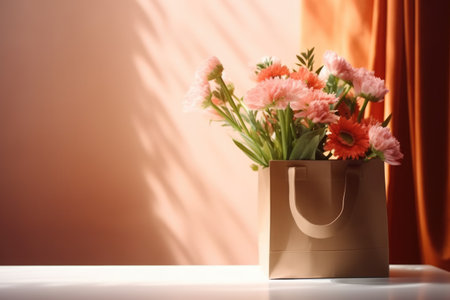 bouquet of flowers in paper shopping bag, eco marketing concept, space for text. AI generative.の素材