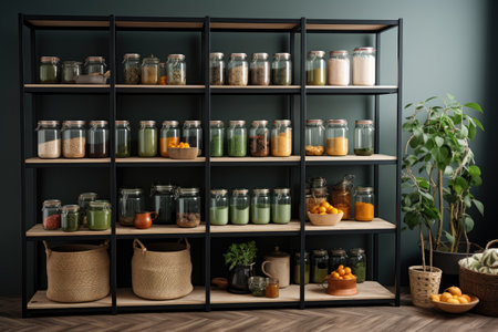 Kitchen with an organized and stylish pantry with glass jerry cans and metal containers. AI generative.の素材