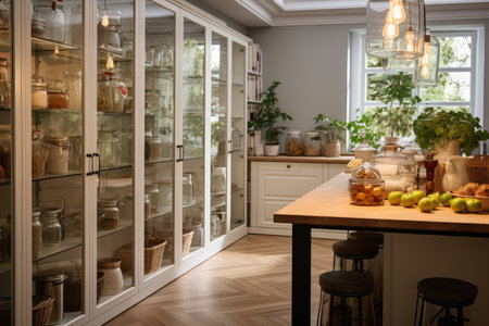 Kitchen with an organized and stylish pantry with glass jerry cans and metal containers. AI generative.の素材