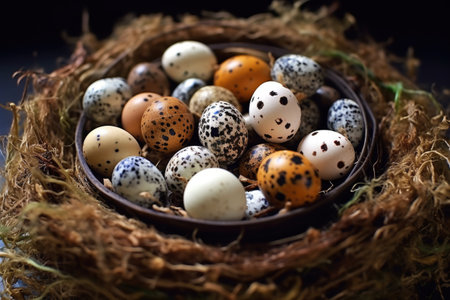 quail eggs on a wooden table. AI generative.の素材