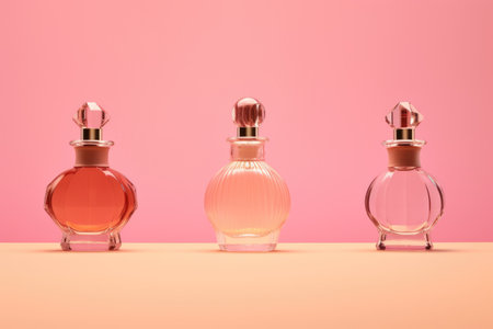 perfume bottles. a lot of transparent multi-colored glass bottles of cosmetics on a pink background. AI generative.の素材