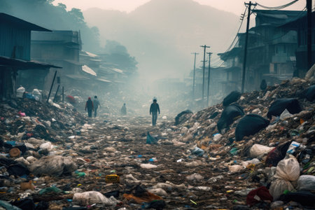 illustration of a pile of garbage on the streets of the city. AI generative.の素材