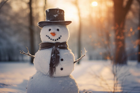 Happy snowman standing in winter christmas landscape. Snow background. AI generative.の素材