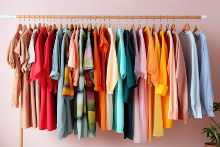 Fashionable colorful clothes on a hanger. AI generative.の素材