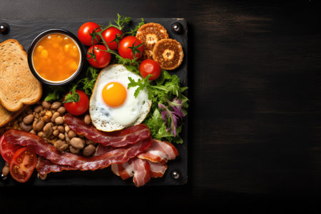 English breakfast on a plate with scrambled eggs, sausages, bacon, beans, toast and coffee on a dark stone background. AI generative.の素材
