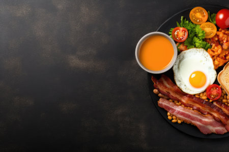 English breakfast on a plate with scrambled eggs, sausages, bacon, beans, toast and coffee on a dark stone background. AI generative.の素材