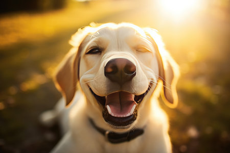 Happy dog smiles. AI generative.の素材