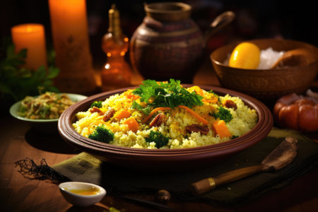 couscous with vegetables and herbs on a dark rustic wooden background.の素材