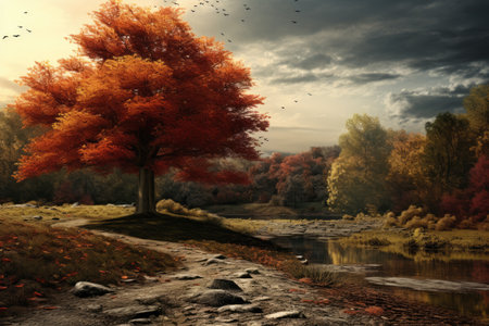 Autumn landscape illustration. AI generative.の素材