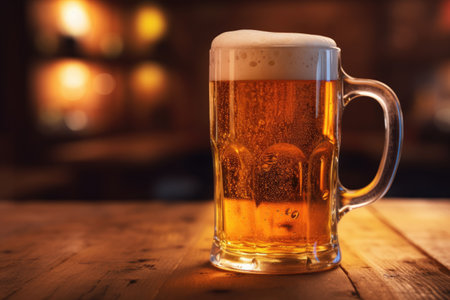 cold mug of beer on a wooden table. AI generative.の素材