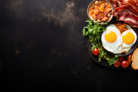 English breakfast on a plate with scrambled eggs, sausages, bacon, beans, toast and coffee on a dark stone background. AI generative.の素材