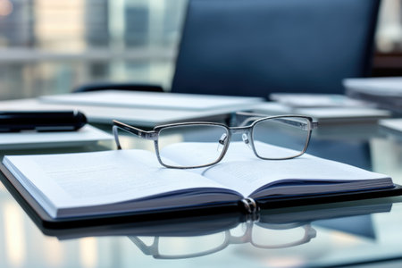 glasses lying on the office table with a notepad.の素材