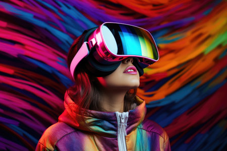 Woman wearing virtual reality glasses in a colorful virtual world. Future technology concept.の素材
