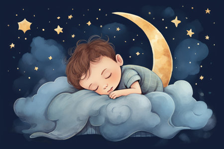 kids illustration with moon and sleeping baby. Beautiful poster for baby room or bedroom. Childish greeting card.の素材