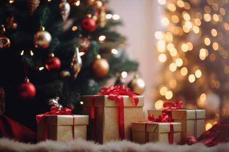 Beautiful Christmas gifts under fir tree on floor in room.の素材