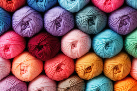 Background from colored yarn. Balls of thread close-up. Materials for needlework. Rack with yarn in the store. Shelf with multi-colored threads for knitting.の素材