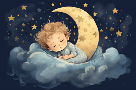 kids illustration with moon and sleeping baby. Beautiful poster for baby room or bedroom. Childish greeting card.の素材