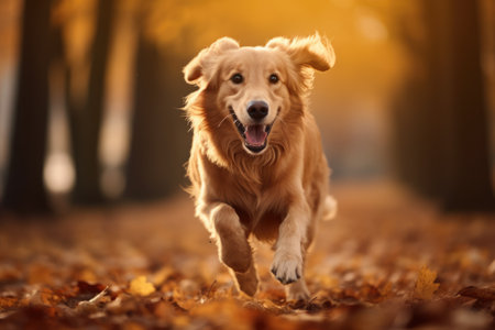 Cute dog runs through the autumn leaves in the forest.の素材