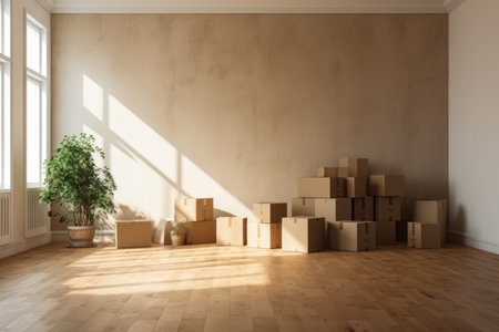 a lot of cardboard boxes in an empty new apartment.の素材