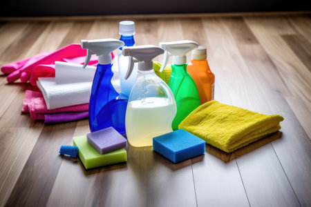 various cleaners and detergents on the floor.の素材