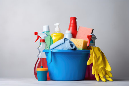 Bucket with cleaning products on the table on a gray background.の素材