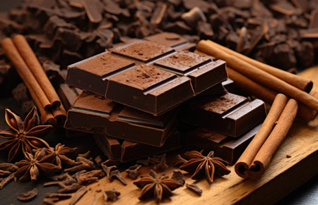 Pieces of chocolate bars. Background with chocolate. Pieces of assorted dark chocolate and cinnamon.の素材