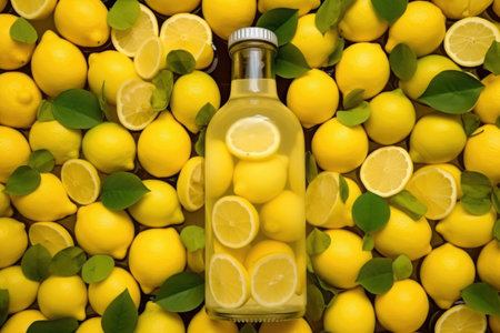 Glass bottle lies among lemons top view.の素材