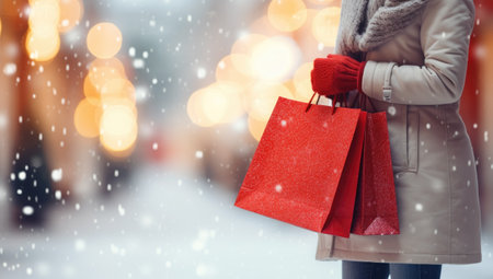 Outdoors young beautiful fashion woman in stylish winter coat holding red shopping bag posing on snowy city street. copyspace.の素材