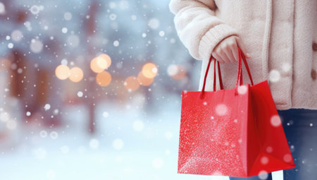 Outdoors young beautiful fashion woman in stylish winter coat holding red shopping bag posing on snowy city street. copyspace.の素材