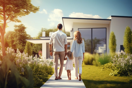 happy young family on the background of a modern new houseの素材