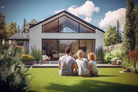 happy young family on the background of a modern new houseの素材